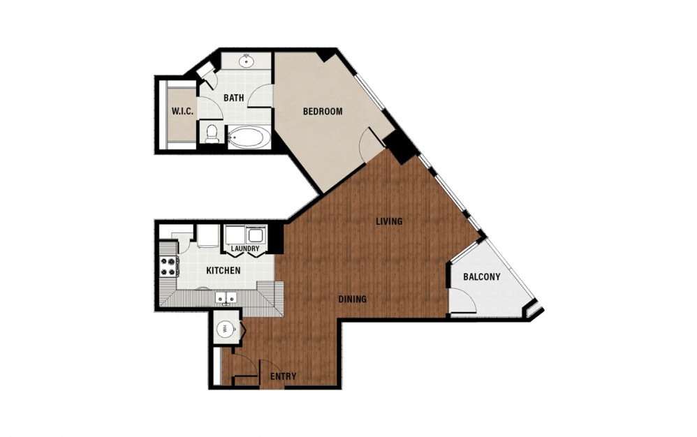 A19 - 1 bedroom floorplan layout with 1 bath and 1168 square feet.