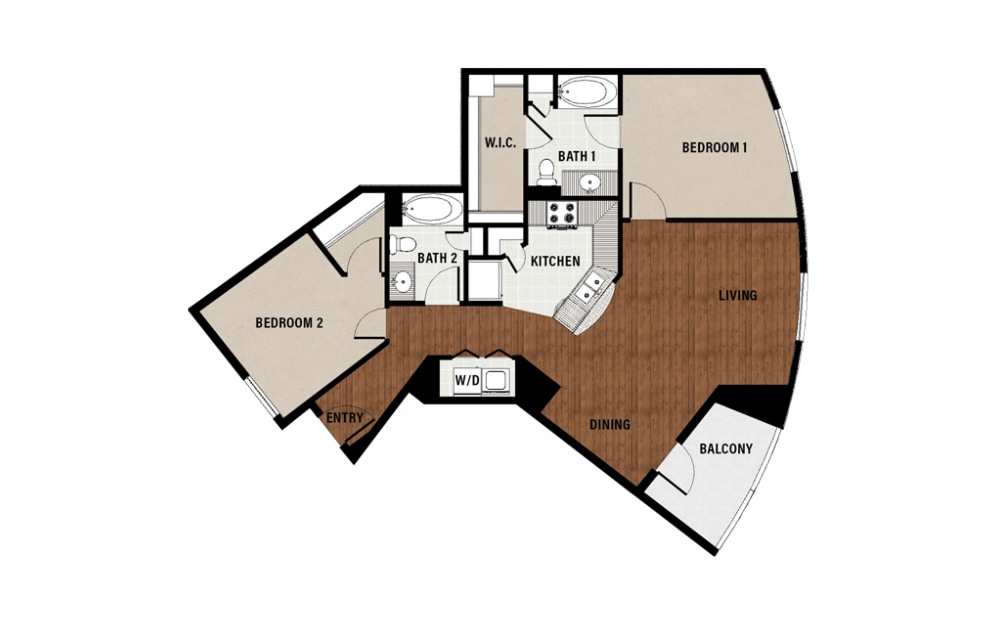 B1 - 2 bedroom floorplan layout with 2 baths and 1217 square feet.