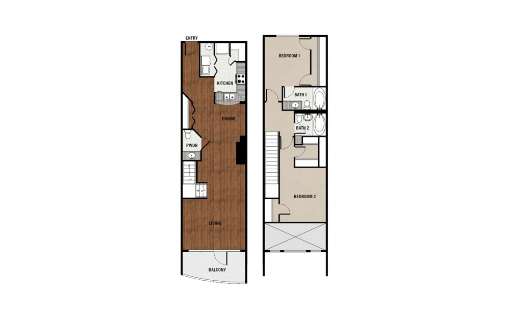 B2 - 2 bedroom floorplan layout with 2.5 baths and 1377 square feet.