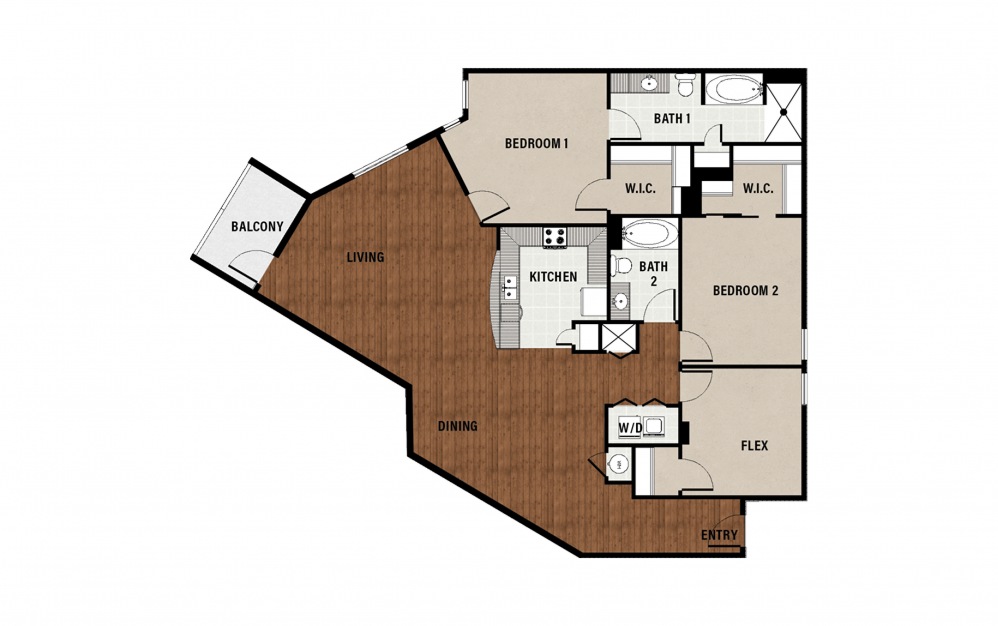 B3 - 2 bedroom floorplan layout with 2 baths and 1732 square feet.