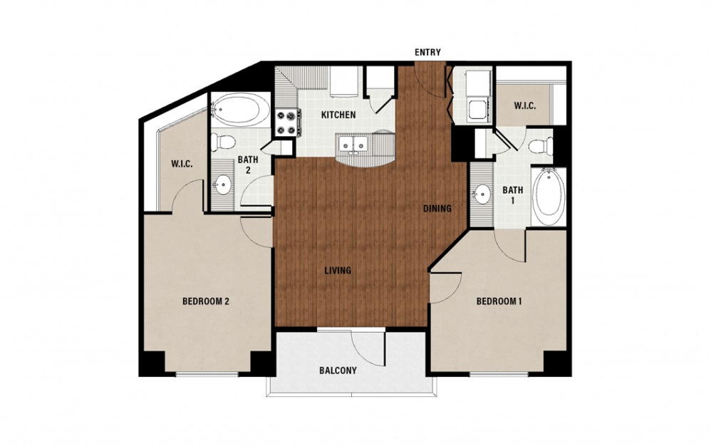 C1 - 2 bedroom floorplan layout with 2 baths and 1064 square feet.