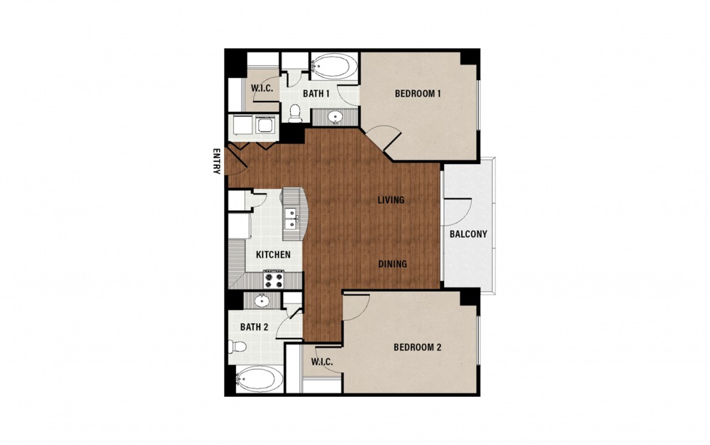 C2 - 2 bedroom floorplan layout with 2 baths and 1088 square feet.