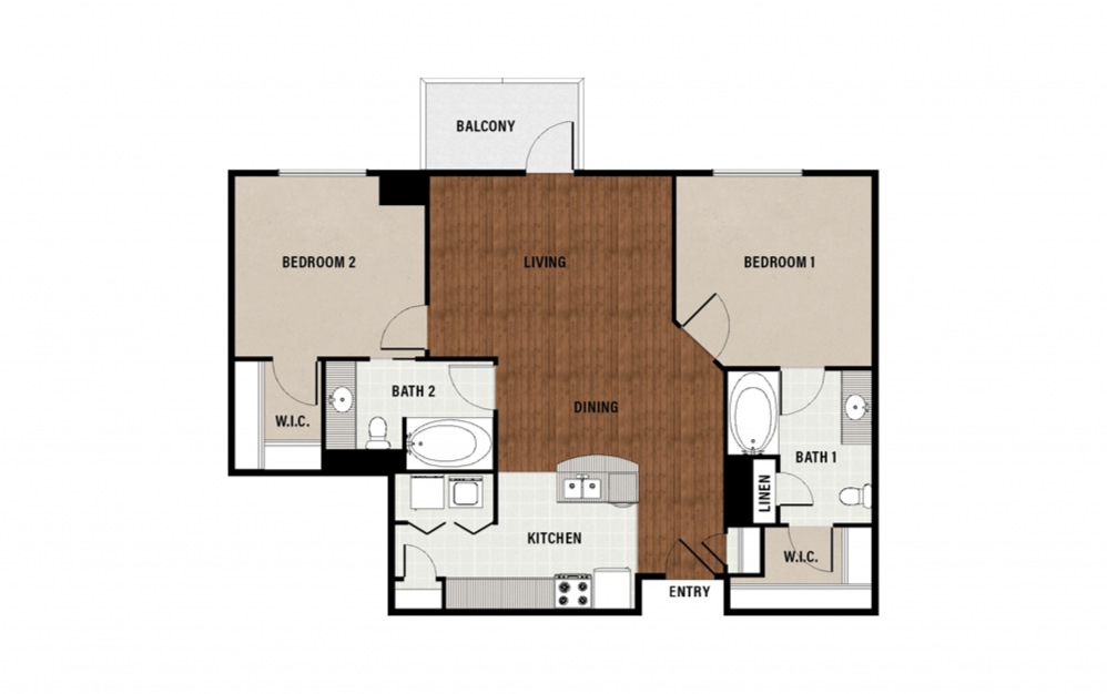 C3 - 2 bedroom floorplan layout with 2 baths and 1109 square feet.