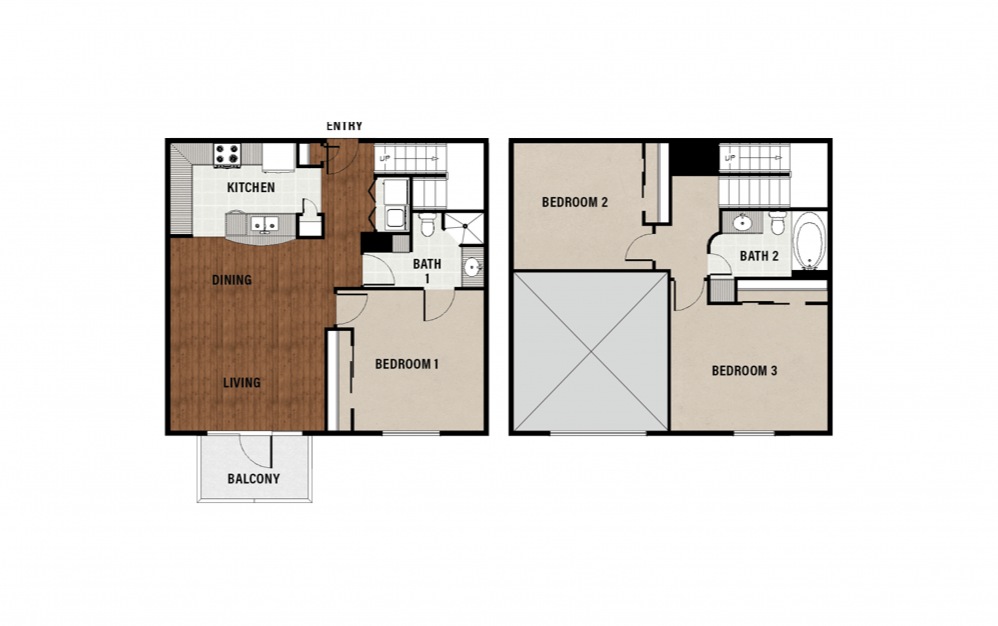 D1 - 3 bedroom floorplan layout with 2 baths and 1443 square feet.