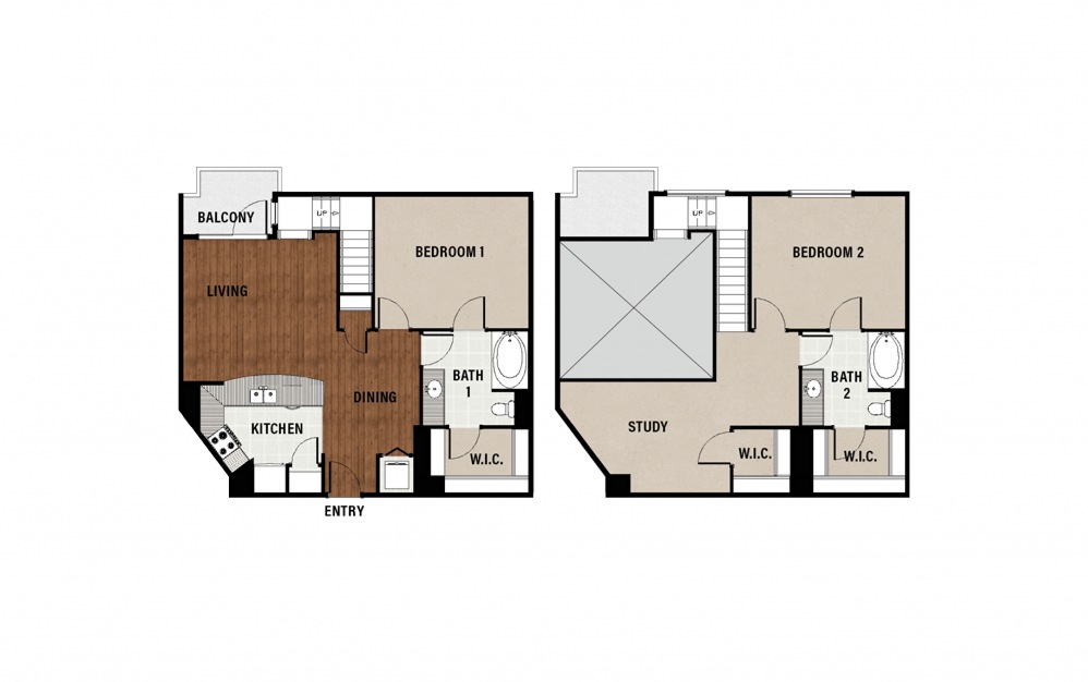 D2 - 2 bedroom floorplan layout with 2 baths and 1467 square feet.