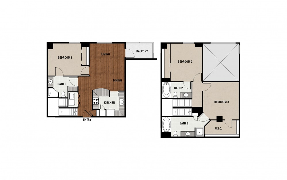 D8 - 3 bedroom floorplan layout with 3 baths and 1430 square feet.