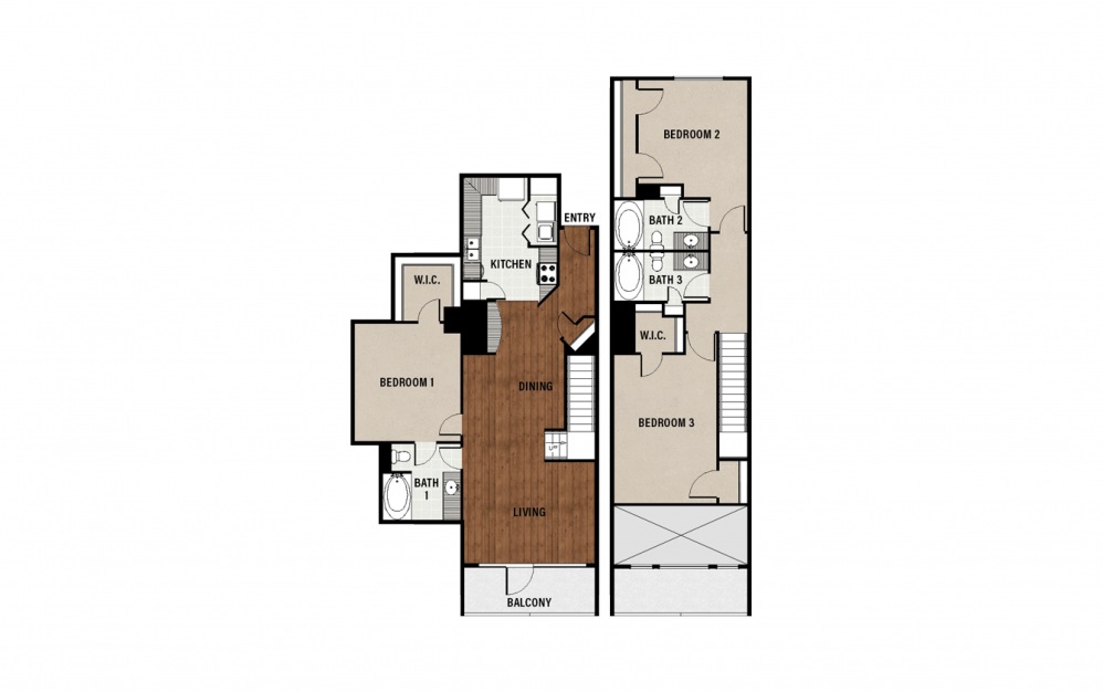 E10 - 3 bedroom floorplan layout with 3 baths and 1689 square feet.