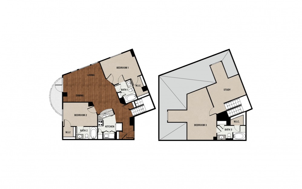 F1 - 3 bedroom floorplan layout with 3 baths and 1921 square feet.