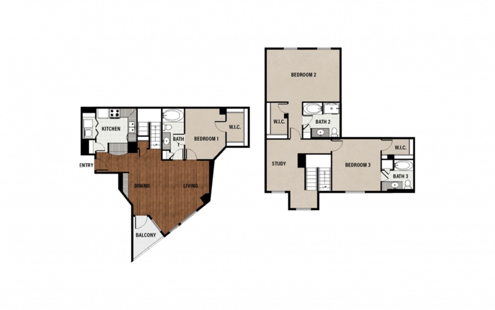 F2 - 3 bedroom floorplan layout with 3 baths and 2069 square feet.